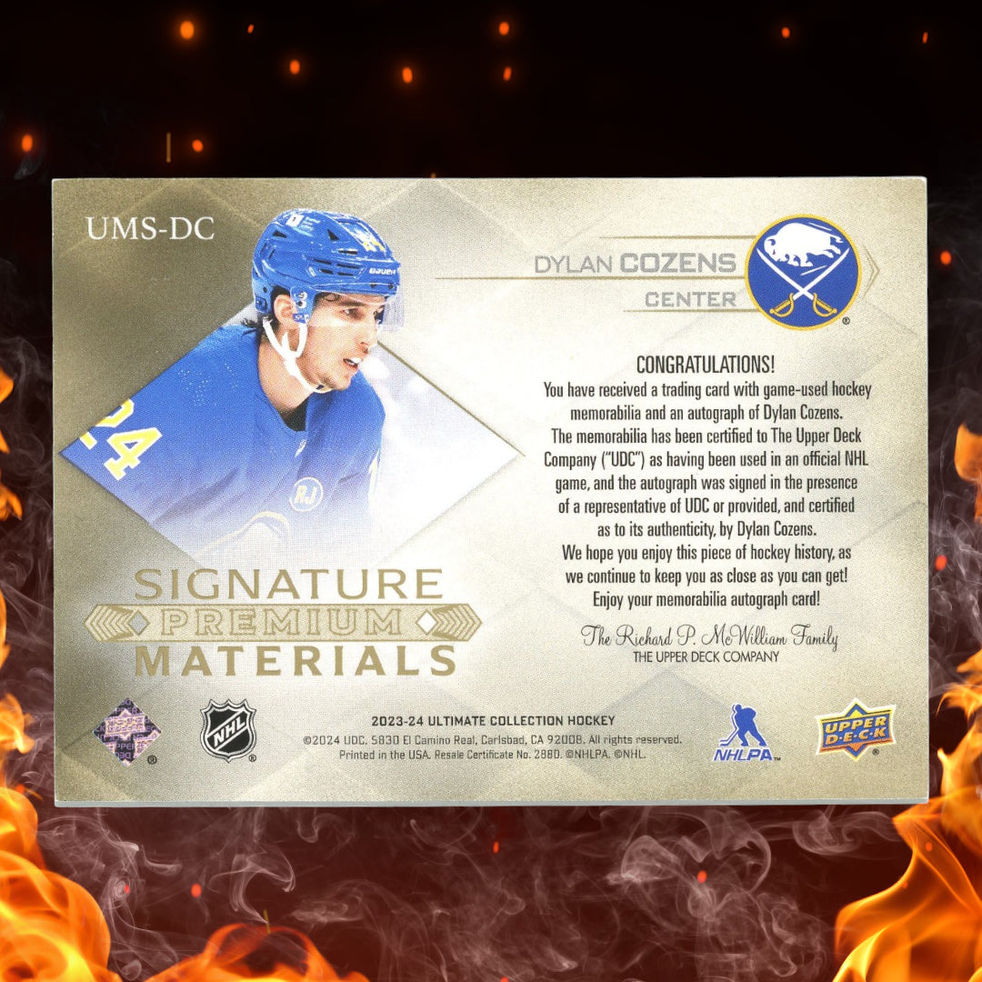 2023-24 UD Ultimate Dylan Cozens Signature Premium Materials Gold /35