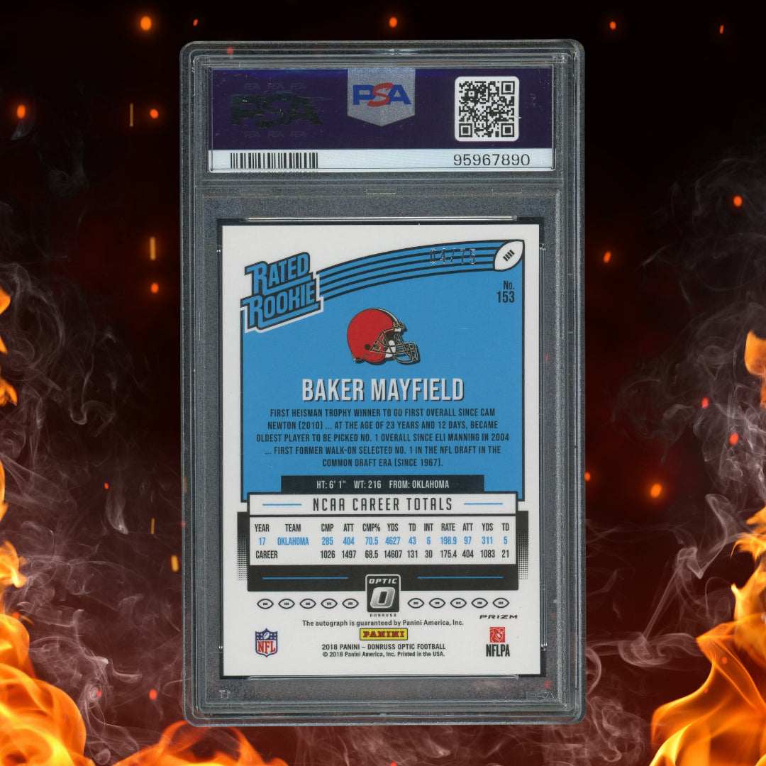 2018 Panini Donruss Optic Baker Mayfield Rated Rookie Blue Auto /75 #153 PSA 9