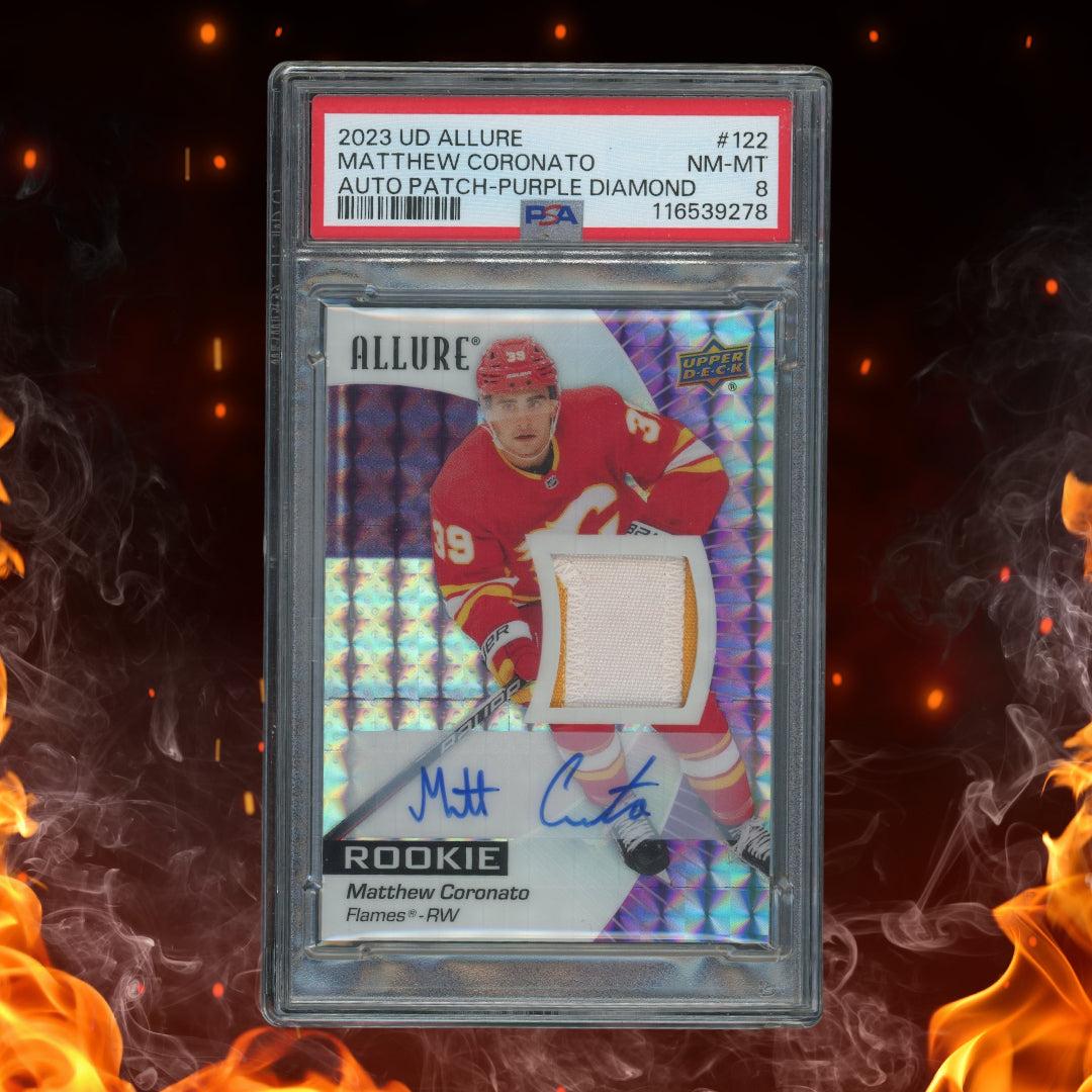 2023-24 Upper Deck Allure Matthew Coronato Rookie Auto Patch Purple /10 PSA 8