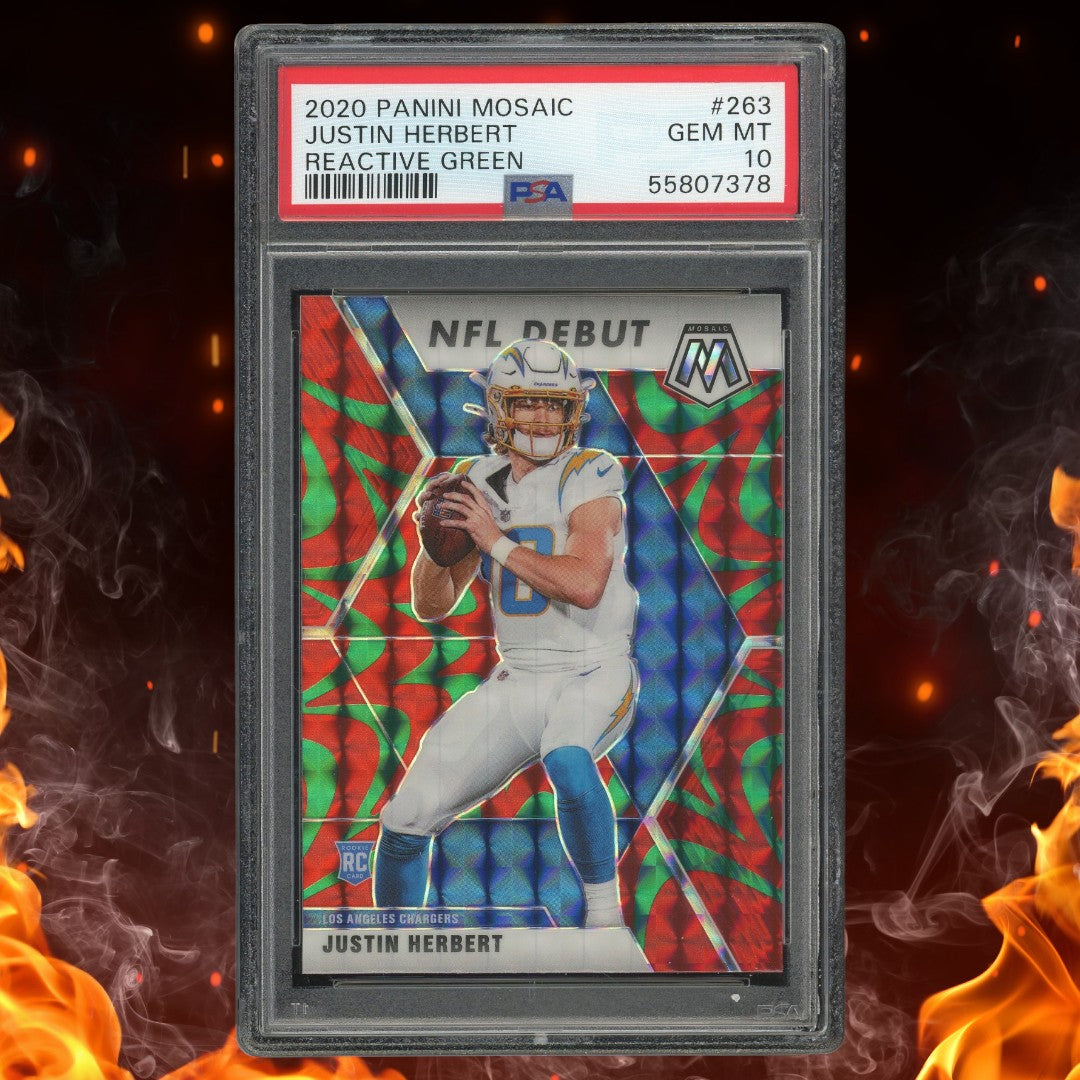 2020 Panini Mosaic Justin Herbert NFL Debut Reactive Green Rookie #263 PSA 10