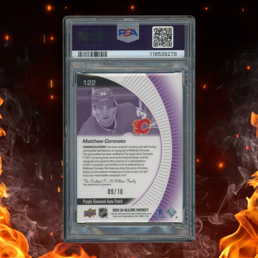 2023-24 Upper Deck Allure Matthew Coronato Rookie Auto Patch Purple /10 PSA 8