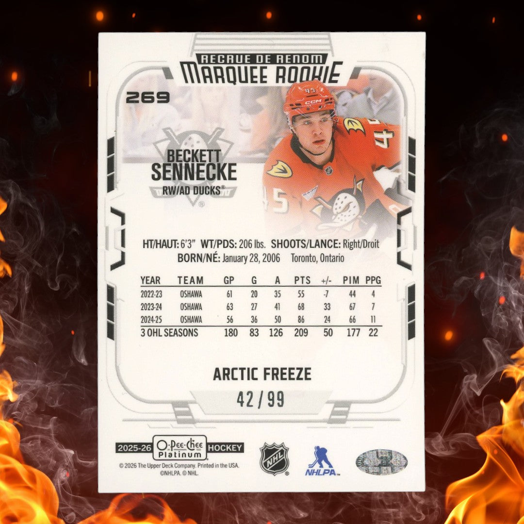 2025-26 OPC Platinum Beckett Sennecke Marquee Rookies Arctic Freeze /99 #269