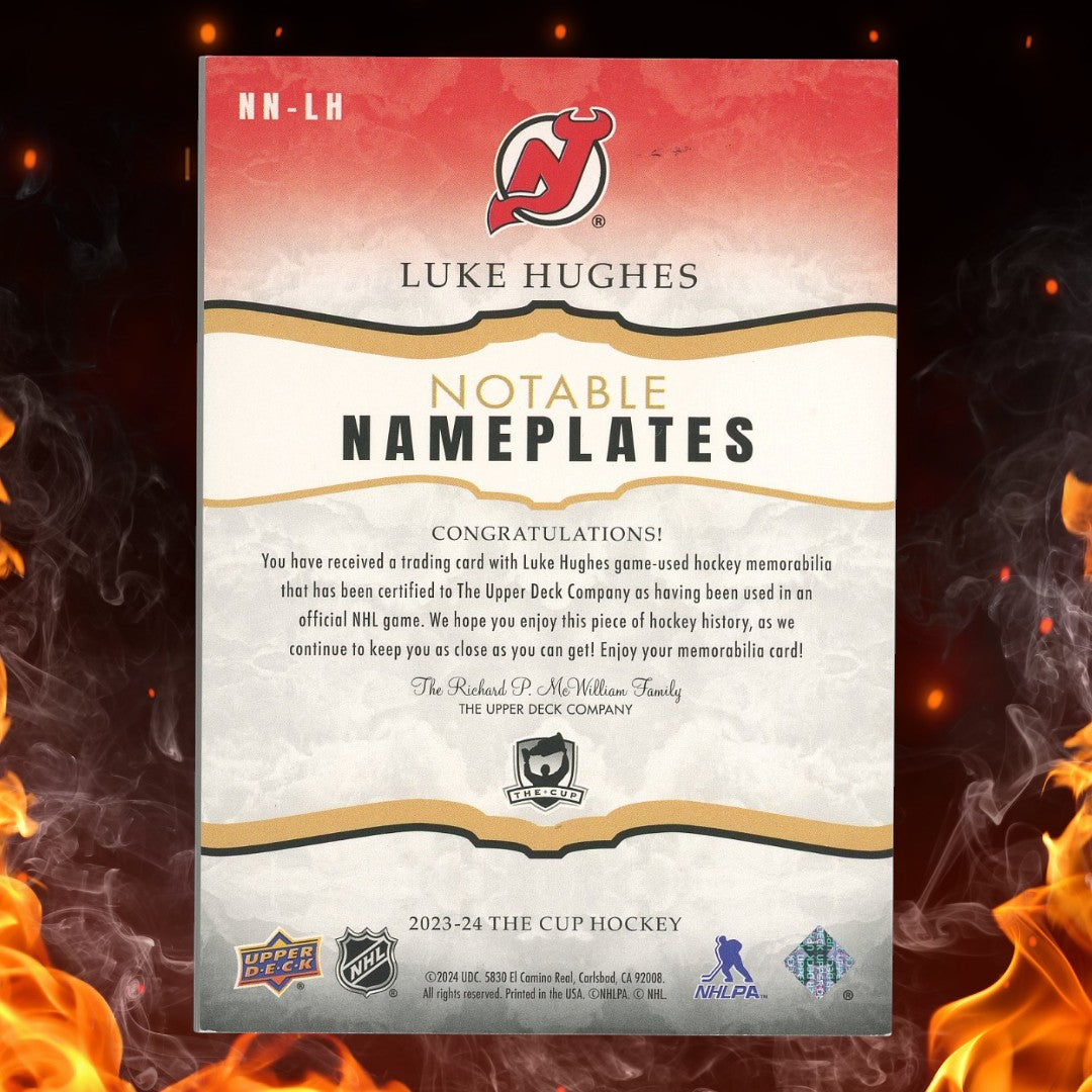 2023-24 Upper Deck The Cup Hockey Luke Hughes Notable Nameplates Patch /6 #NN-LH