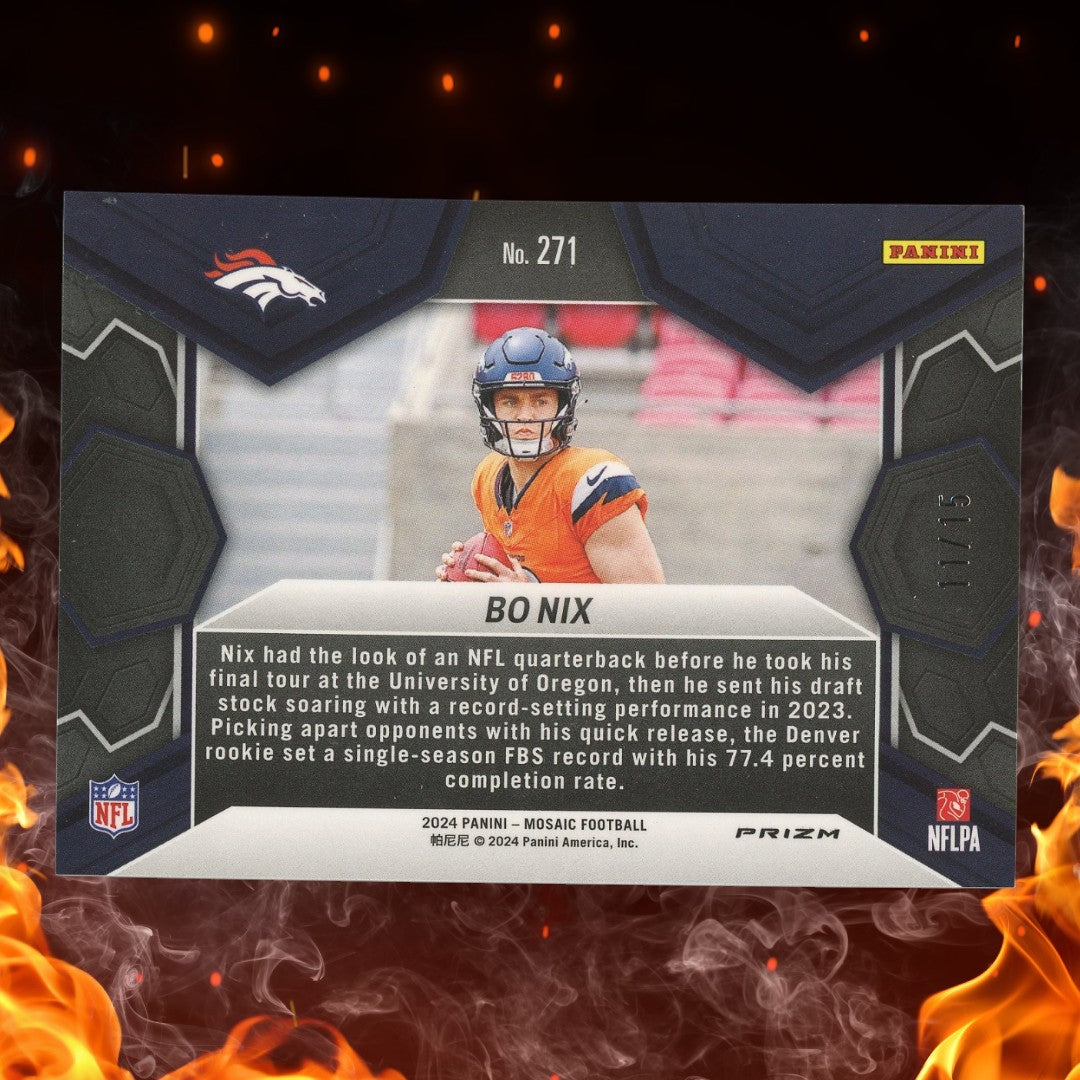 2024 Panini Mosaic Bo Nix NFL Debut Orange Fluorescence /15 Rookie #271