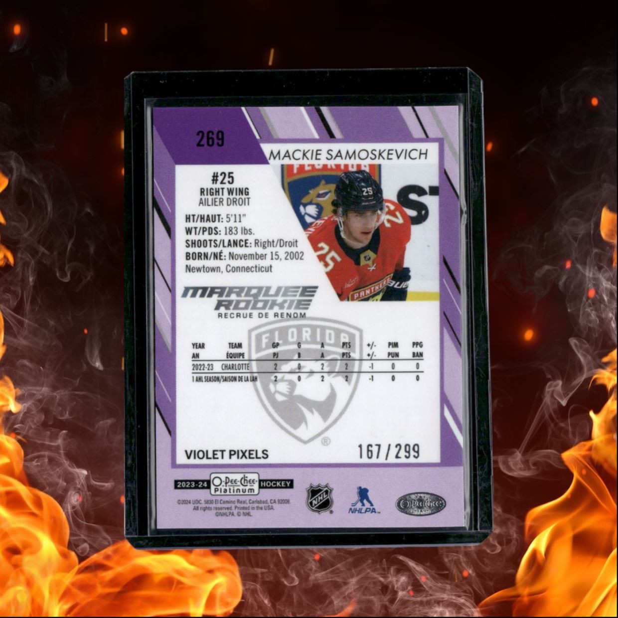 2023-24 O-Pee-Chee Platinum Mackie Samoskevich Violet Pixels Marquee Rookie