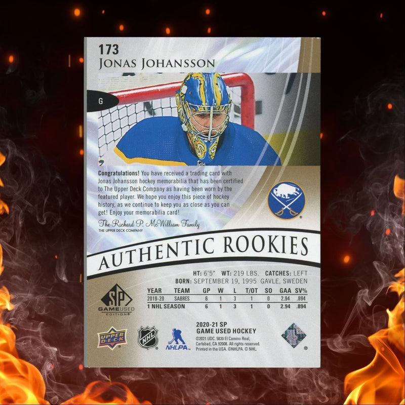 2020-21 Upper Deck SP Game Used Jonas Johansson Premium Jersey Rookie 19/65