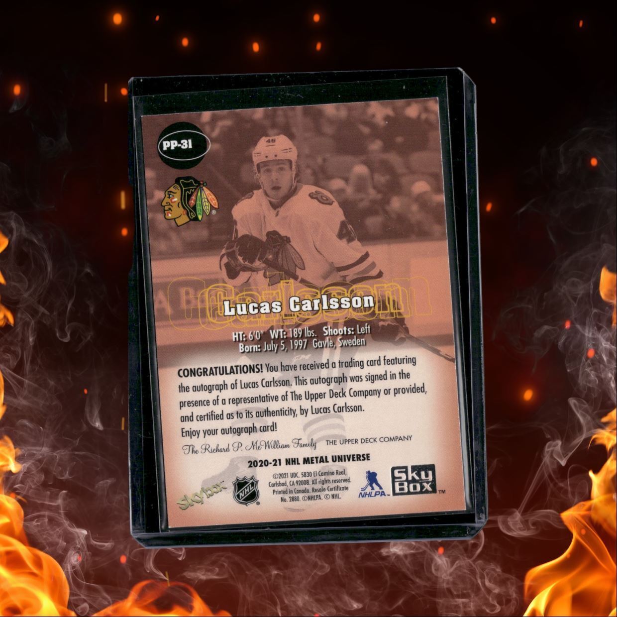 2020-21 Skybox Metal Universe Premium Lucas Carlsson Auto #PP-31