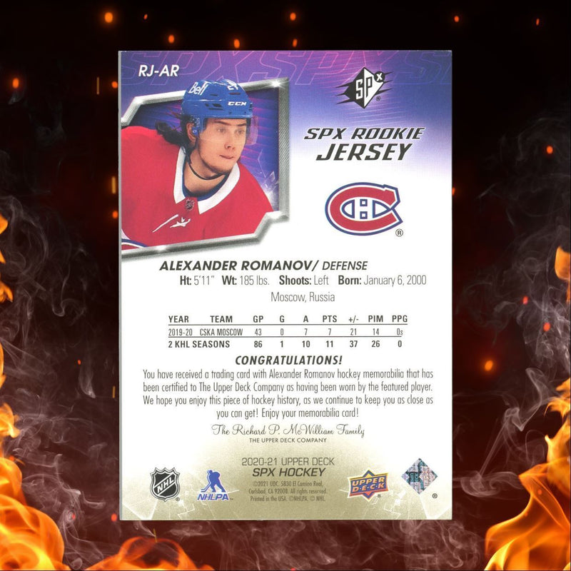 2020-21 Upper Deck SPx Alexander Romanov Jersey Gold Spectrum Rookie 82/99