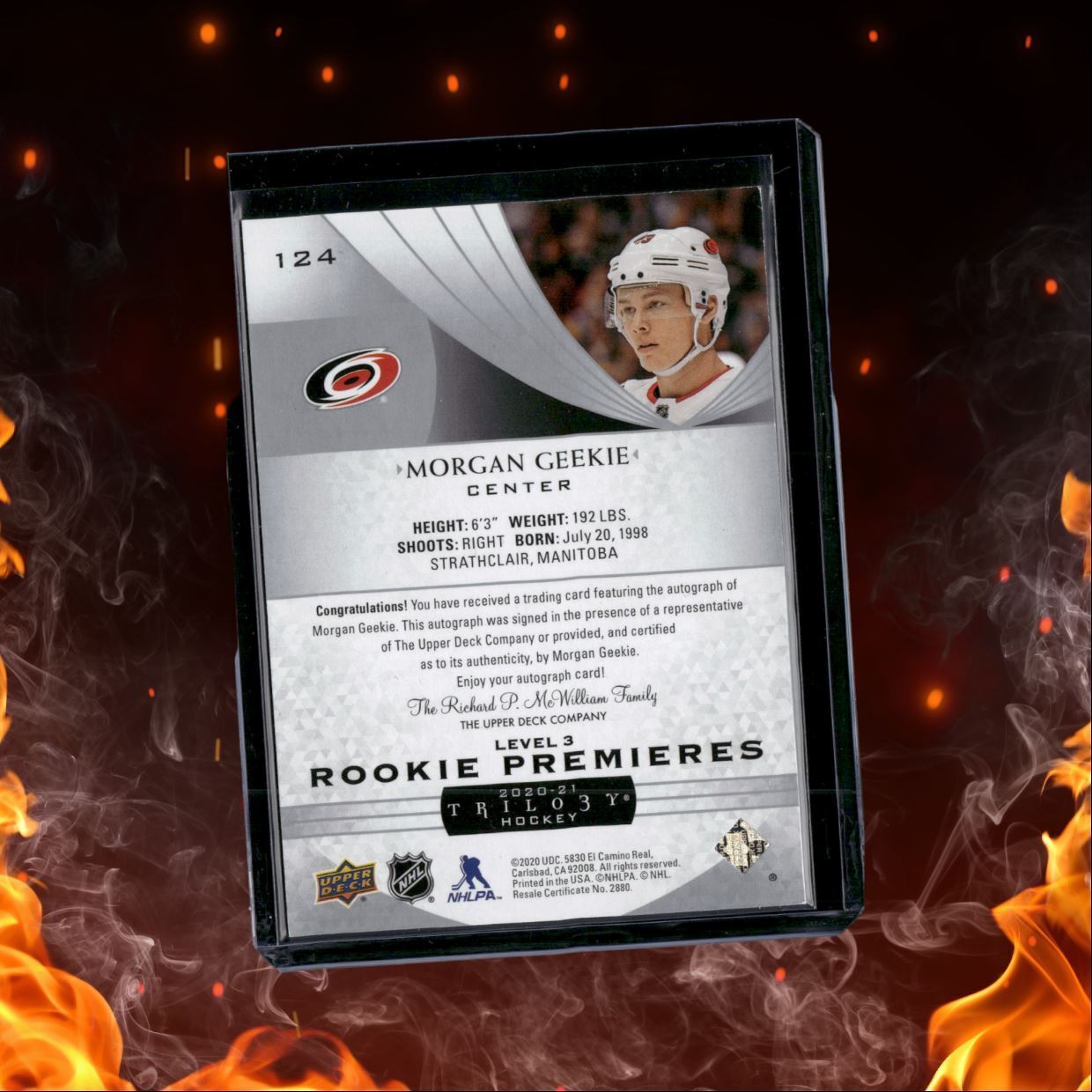 2020-21 Upper Deck Trilogy Morgan Geekie Rookie Premieres Level 3 Auto 30/49