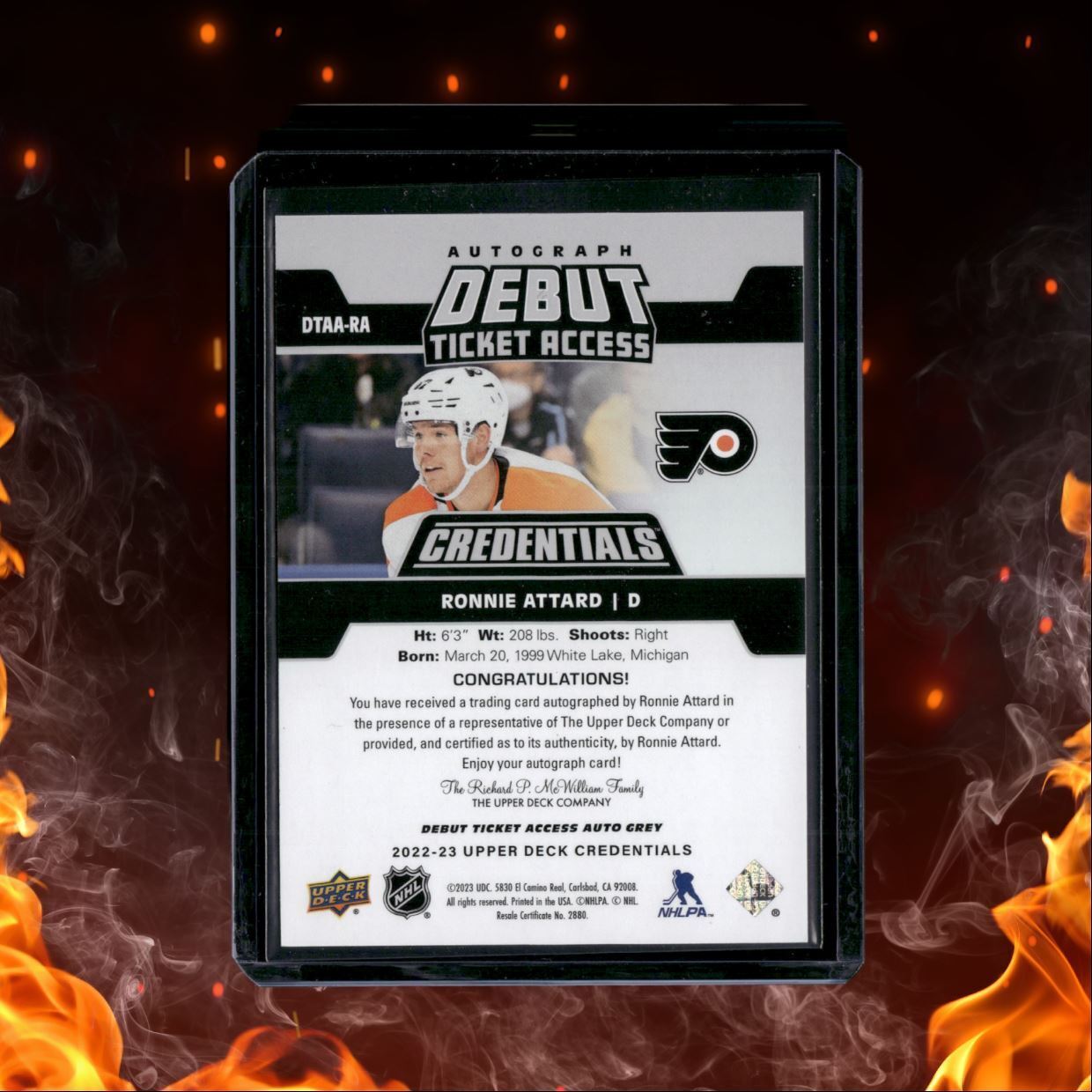 2022-23 Upper Deck Credentials Ronnie Attard Debut Ticket Access Rookie Auto