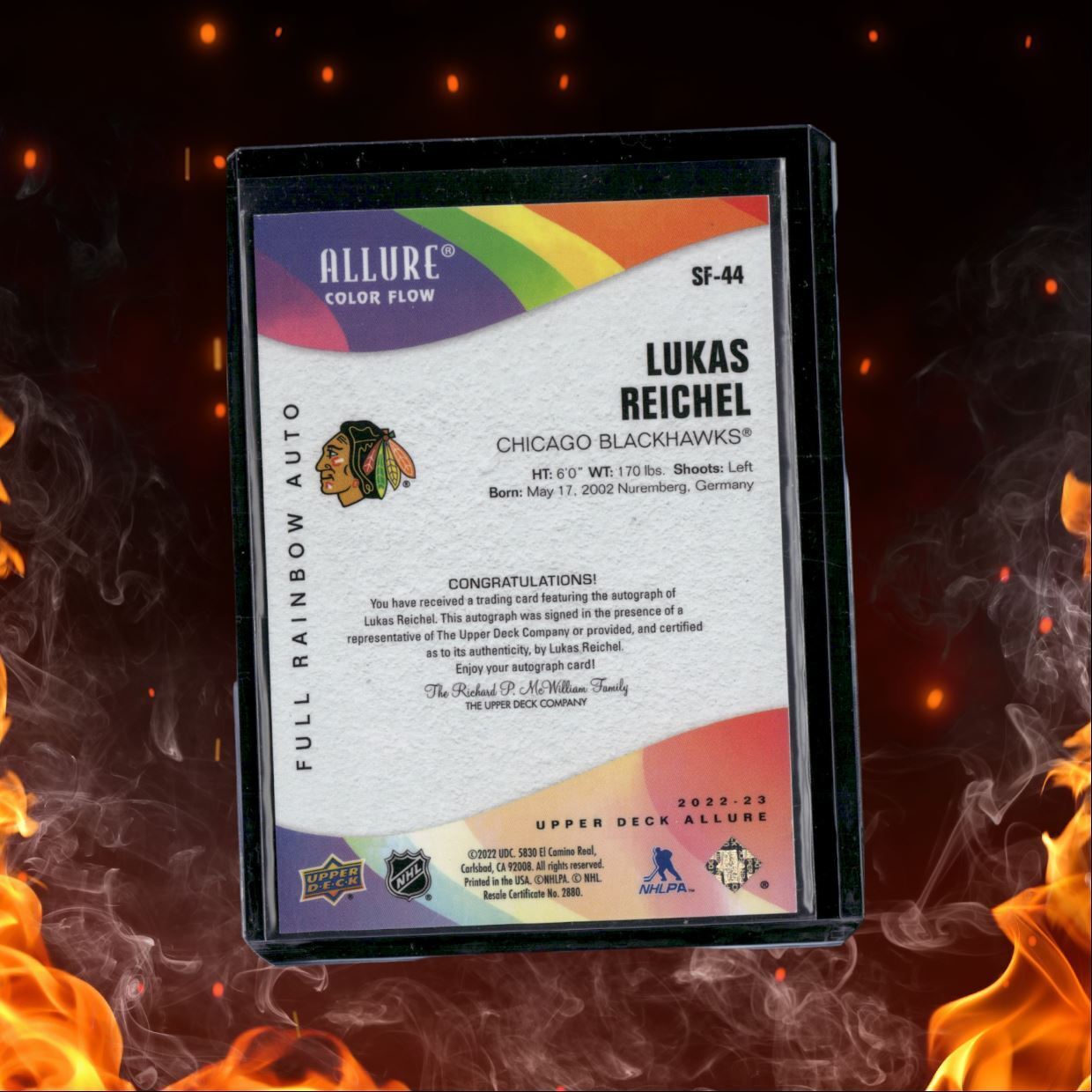 2022-23 Upper Deck Allure Lukas Reichel Color Flow Full Rainbow Rookie Auto