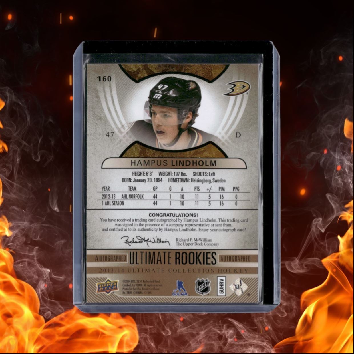 2013-14 Upper Deck Ultimate Hampus Lindholm Gold Rookie Auto 37/99 #160