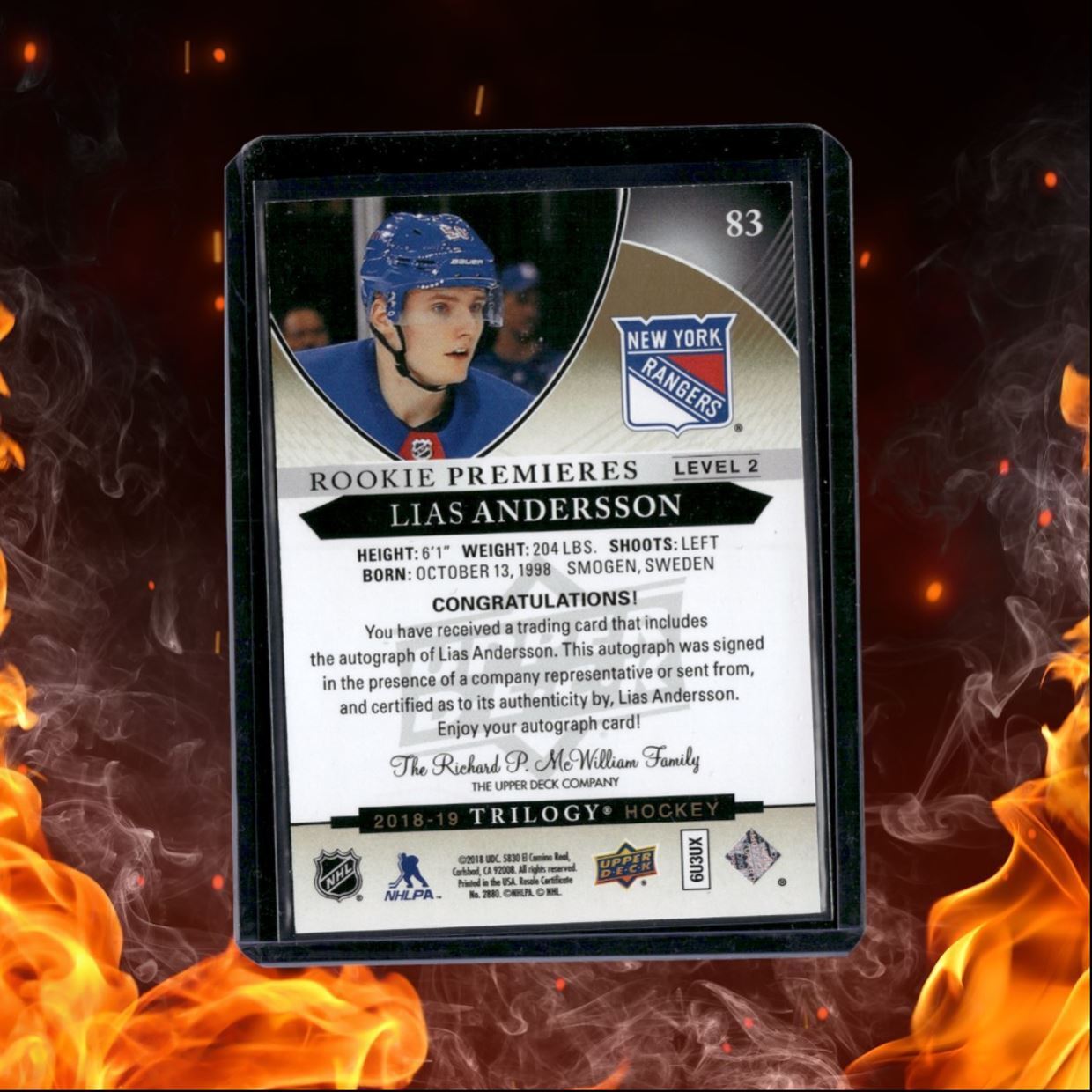 2018-19 Upper Deck Trilogy Lias Andersson Premieres Level 2 Rookie Auto 201/399