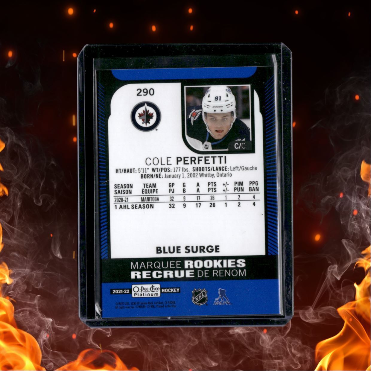2021-22 O-Pee-Chee Platinum Blue Surge Marquee Rookies Cole Perfetti #290