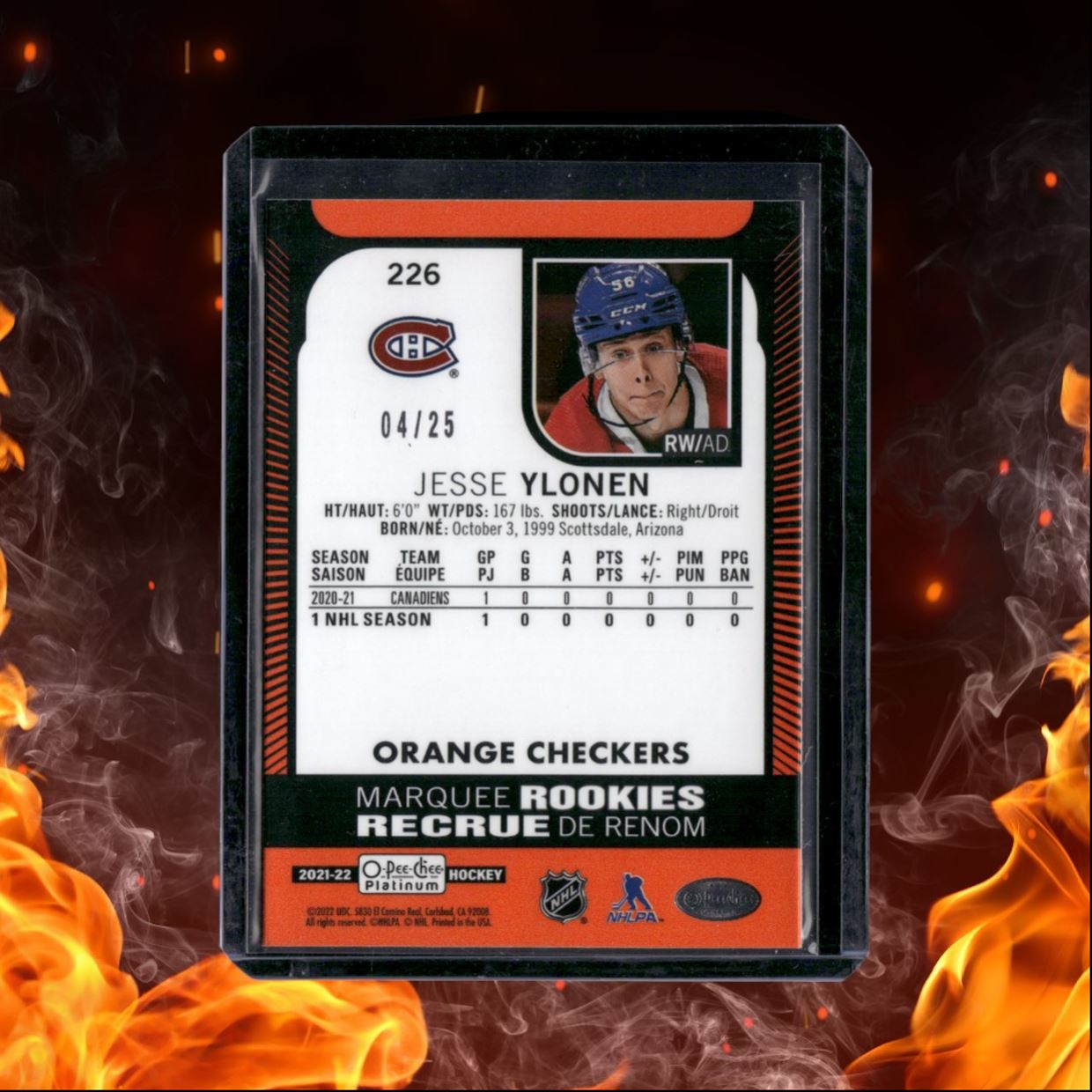 2021-22 O-Pee-Chee Platinum Jesse Ylonen Orange Checkers Rookie 04/25 #226