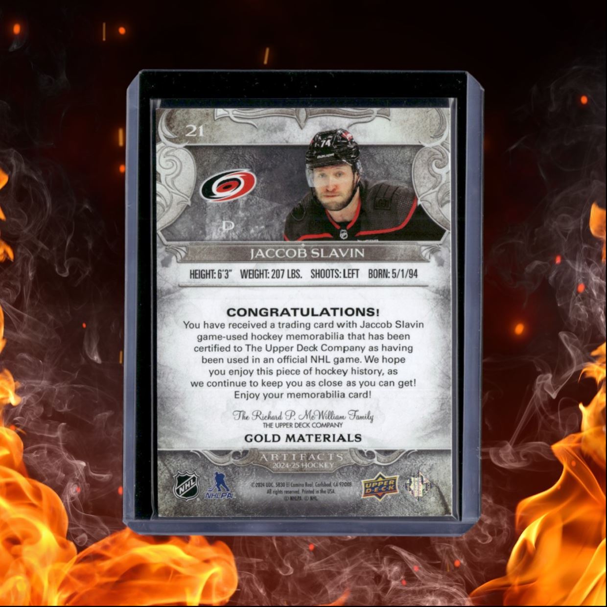 2024-25 Upper Deck Artifacts Jaccob Slavin Jersey Material Gold 115/299 #21