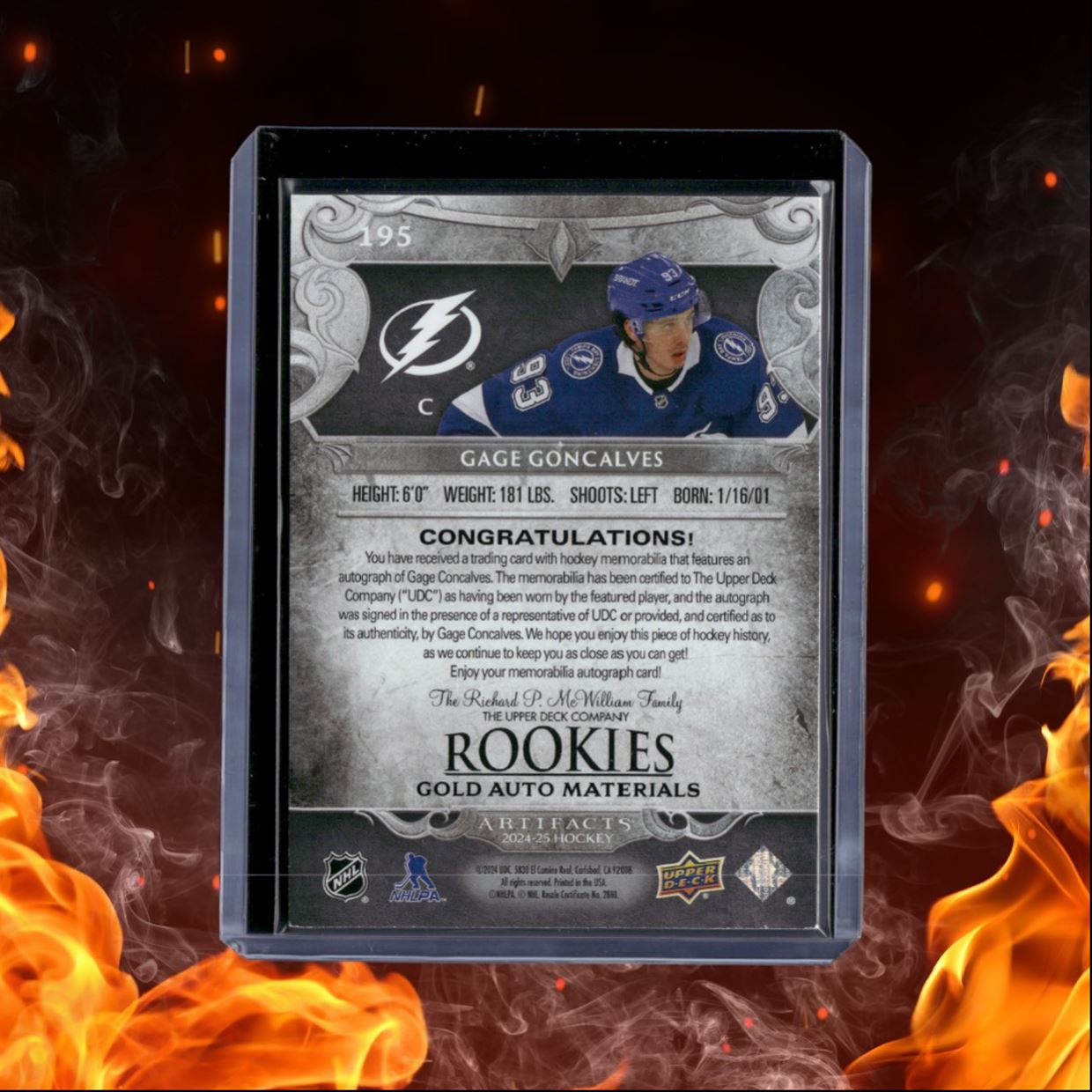 2024-25 Upper Deck Artifacts Gage Goncalves Dual Jersey Gold Rookie Auto 111/199