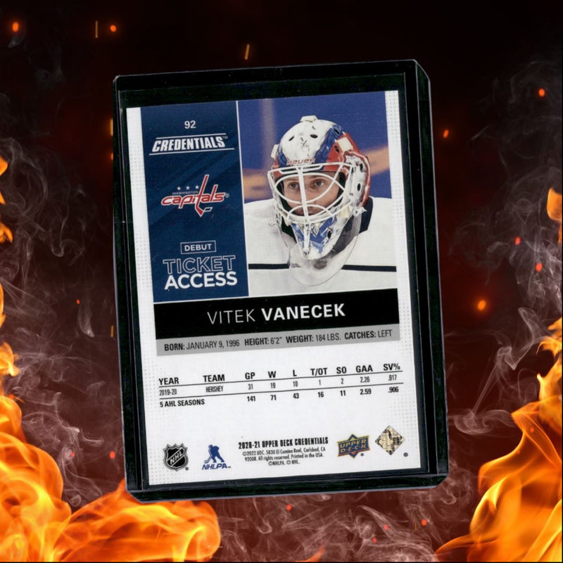 2020-21 Upper Deck Credentials Vitek Vanecek Debut Ticket Access Blue Rookie