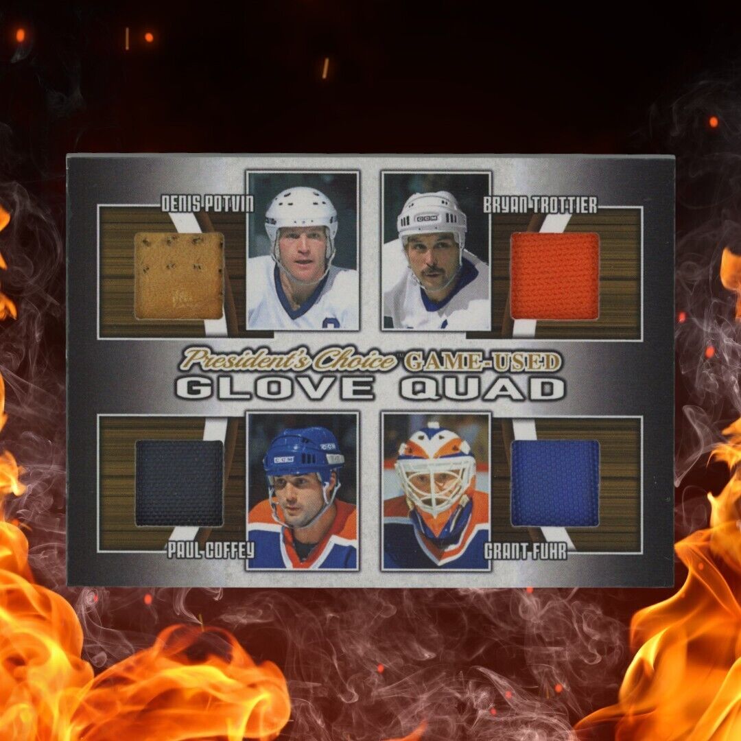 2018 Presidents Choice Game-Used TROTTIER / POTVIN / COFFEY / FUHR Glove Quad /5