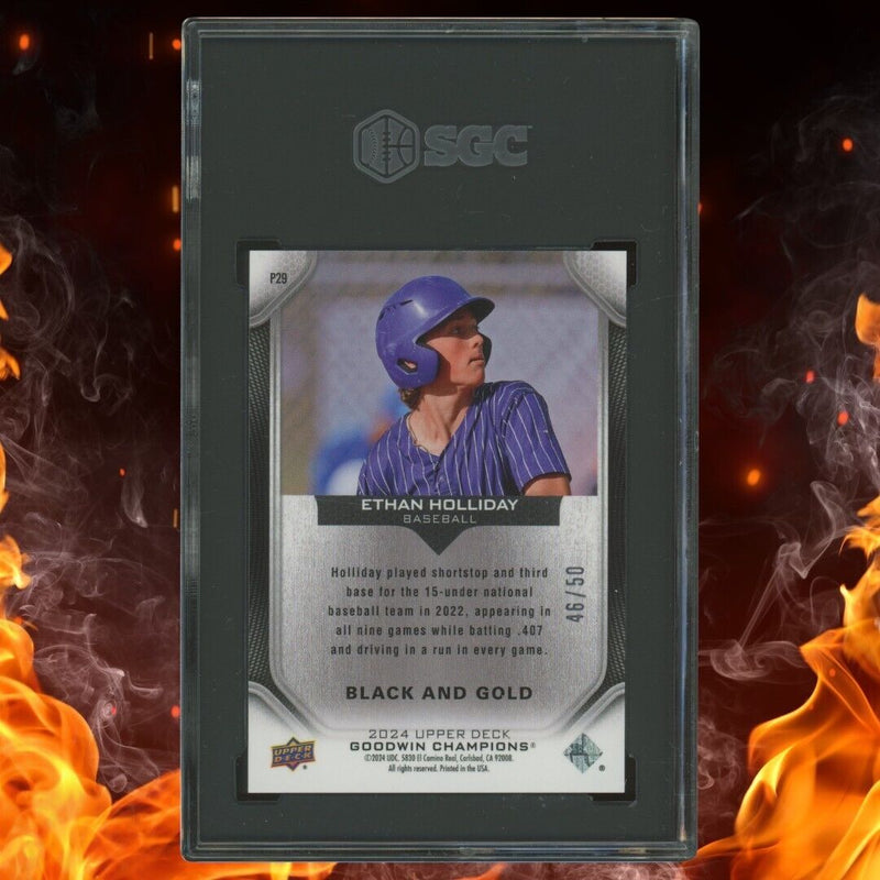 2024 Upper Deck Goodwin Champions ETHAN HOLLIDAY Platinum /50 Black Gold SGC 10
