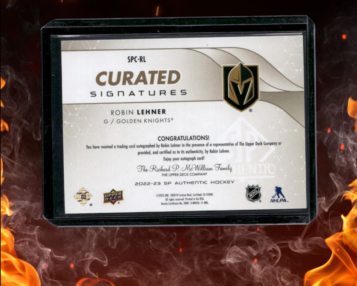 2022-23 SP Authentic Robin Lehner Curated Signatures Auto #SPC-RL