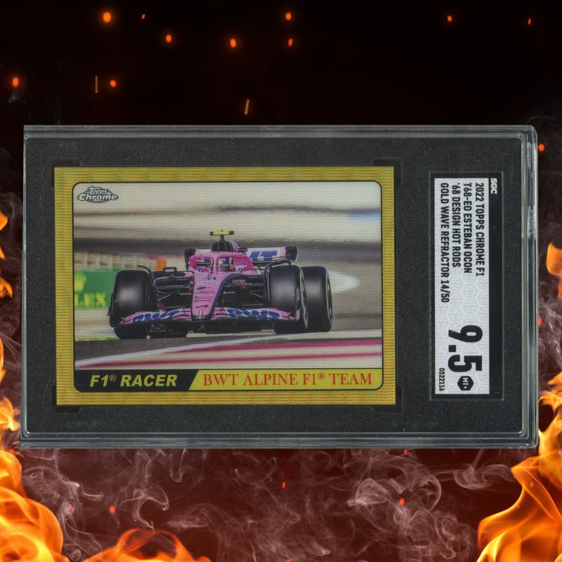 2022 topps chrome f1 esteban ocon '68 design /50 gold wave refractor sgc 9.5