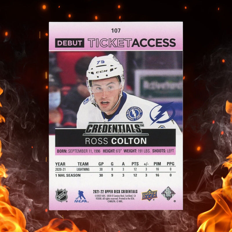 2021-22 Upper Deck Credentials Ross Colton Rookie Debut Ticket Access /49 Pink