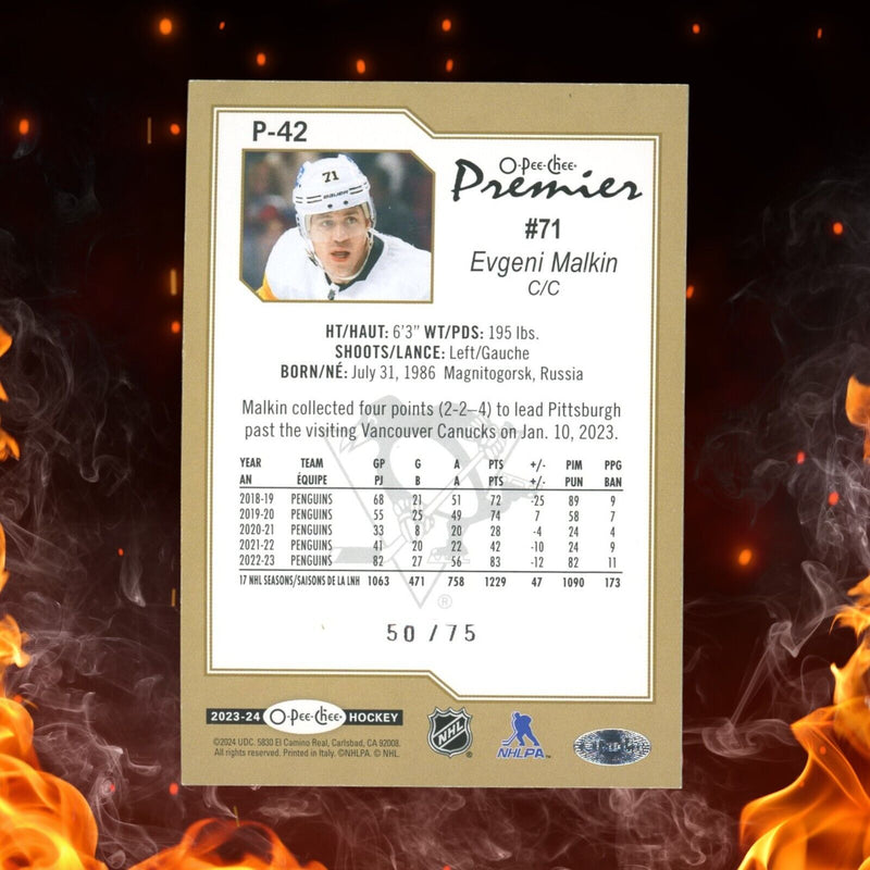 2023-24 o-pee-chee premier evgeni malkin /75 pattern foilboard